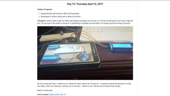 Screenshot of a #100DaysOfCode post featuring an Arduino setup