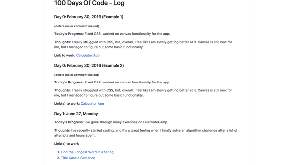 Example of a 100 Days of Code log entry