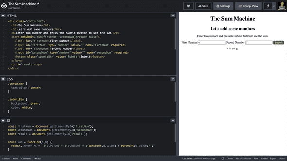 Code editor displaying 4 + 7 = 11