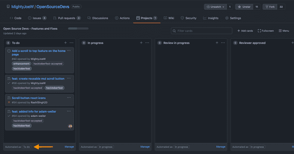 Open Source Devs GitHub project board