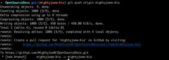 Termina view of pushing changes with git push